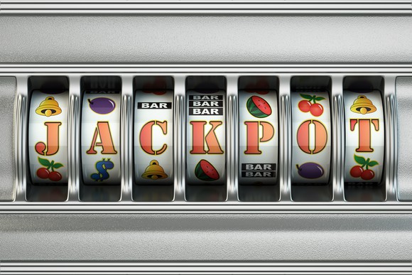 Jackpot spelled out in slot machine
