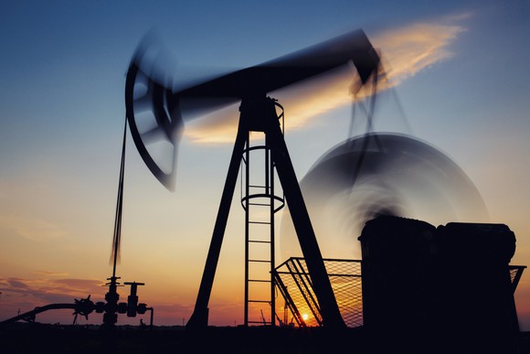 An oil pumpjack in operation.