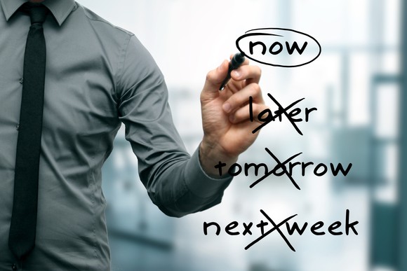 The word now circled with later, tomorrow, next week crossed out