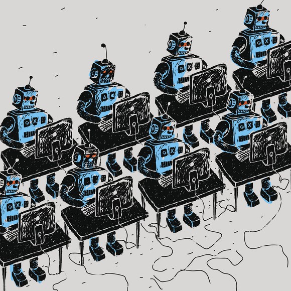 An illustration of robots sitting at desks.