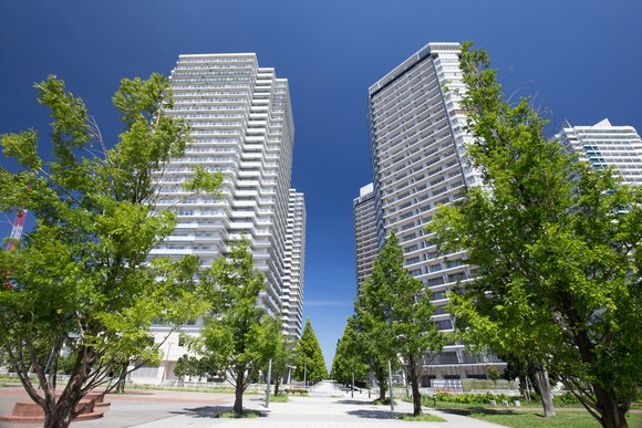 Two high-rise apartment buildings.