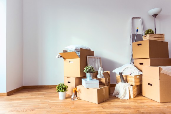 Pile of moving boxes.