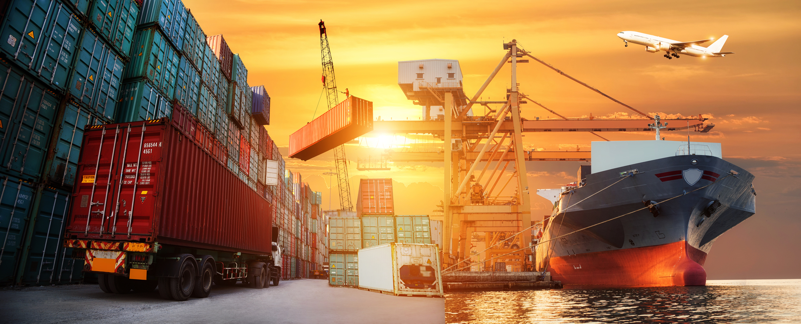 Images of trailers, ships, plane, and cargo depicting freight and logistics.