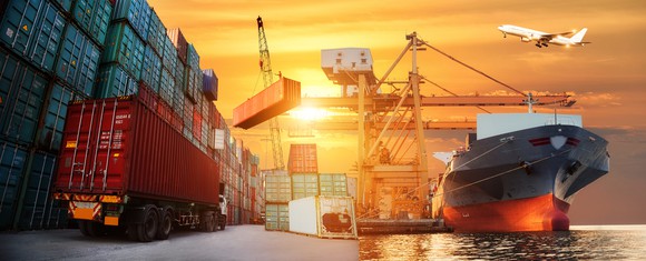 Images of trailers, ships, plane, and cargo depicting freight and logistics.