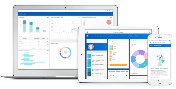 A variety of Workday software screens on a laptop, tablet and smartphone