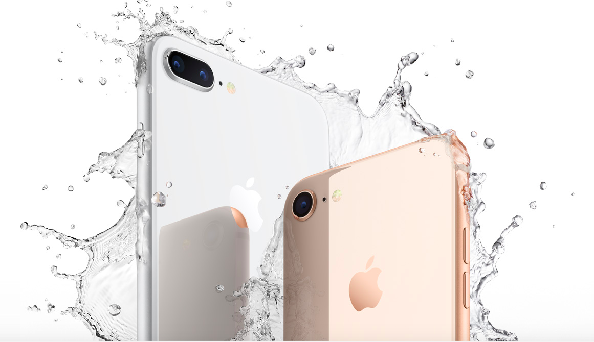 Two iPhone 8 devices are shown in an advertisement that features splashing water around the phones and a white background