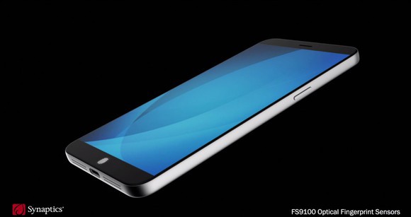 A mockup of a smartphone with an in-display fingerprint scanner.