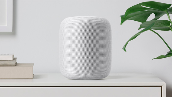 Apple's smart home speaker, the HomePod, sits on a white table next to books with leaves from a plant poking out on the right side of the picture