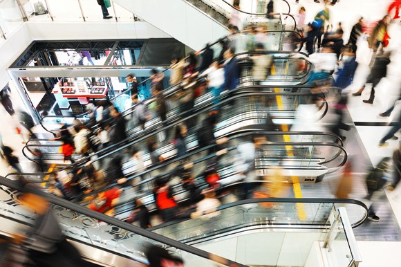 Escalators during rush hour at the mall.
