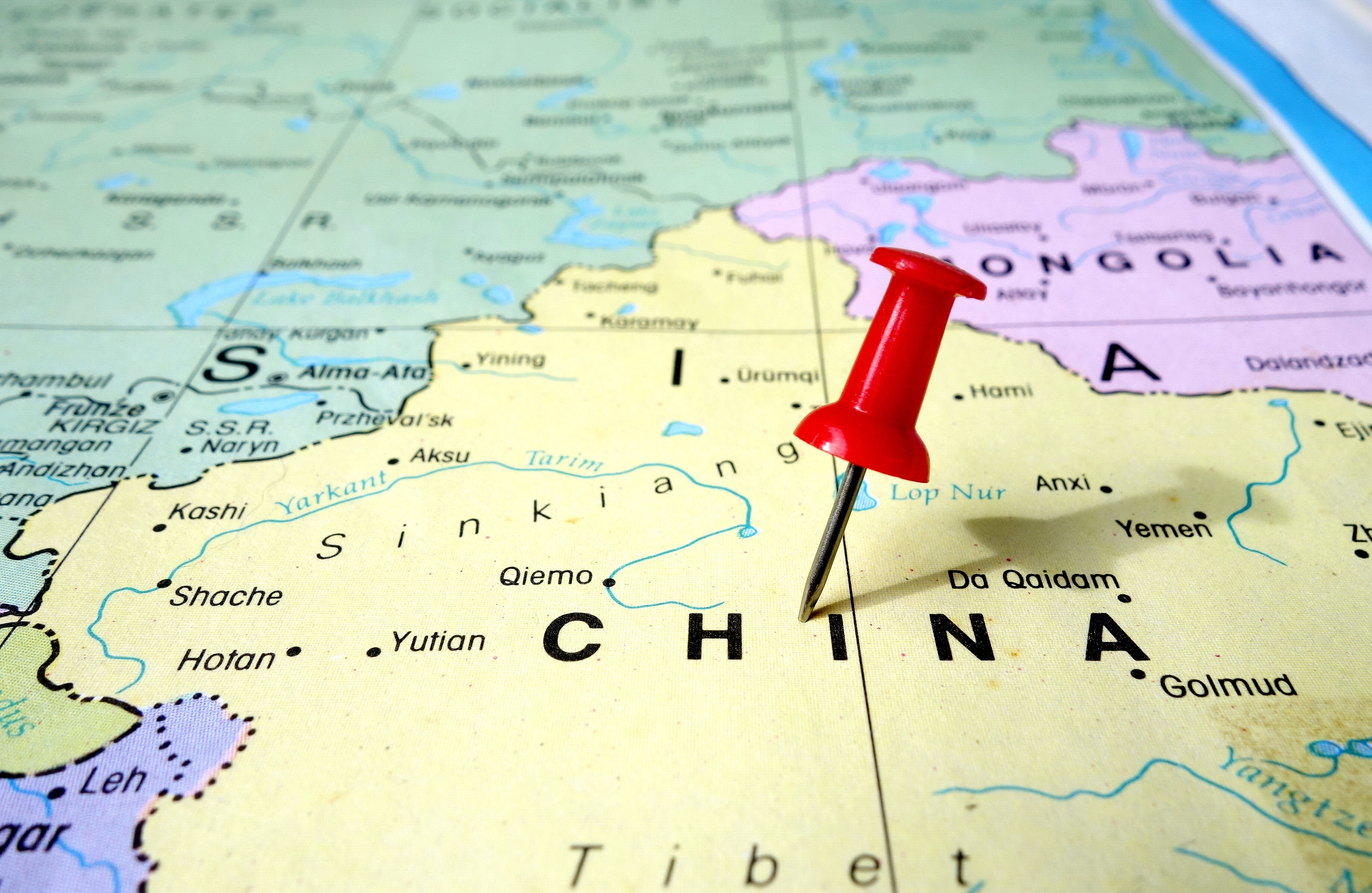 Pushpin on map of China