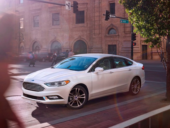 Ford's 2017 Fusion parked on a busy street.