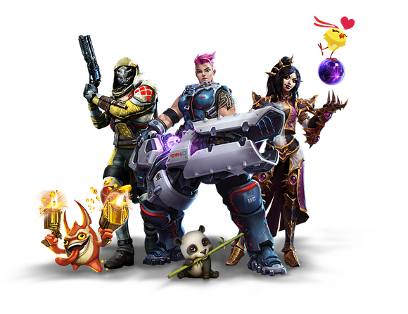 Characters from Activision Blizzard games (Skylanders, Destiny, Overwatch, World of Warcraft, and Candy Crush) standing together.
