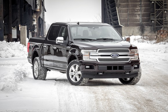 A black 2018 Ford F-150 pickup truck on a snowy street.