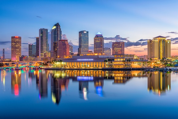 Tampa Florida skyline at dusk, with water in front of it