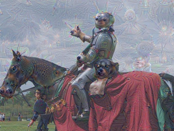 A knight riding a horse. The sky, horse, and knight are filled with hallucinogenic features such as resemblances of sea creatures.