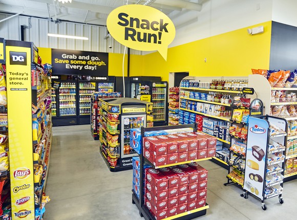 Interior shot of "Snack Run!" section in Dollar General store.