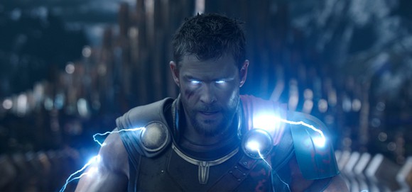A scene from Thor: Ragnarok, with Chris Hemsworth as Thor, God of Thunder.