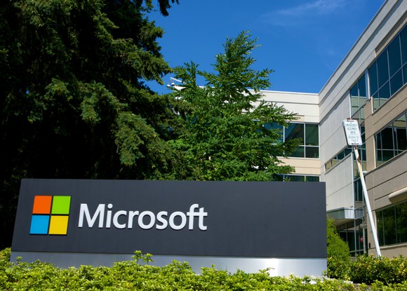 A Microsoft sign in front of one of its offices.