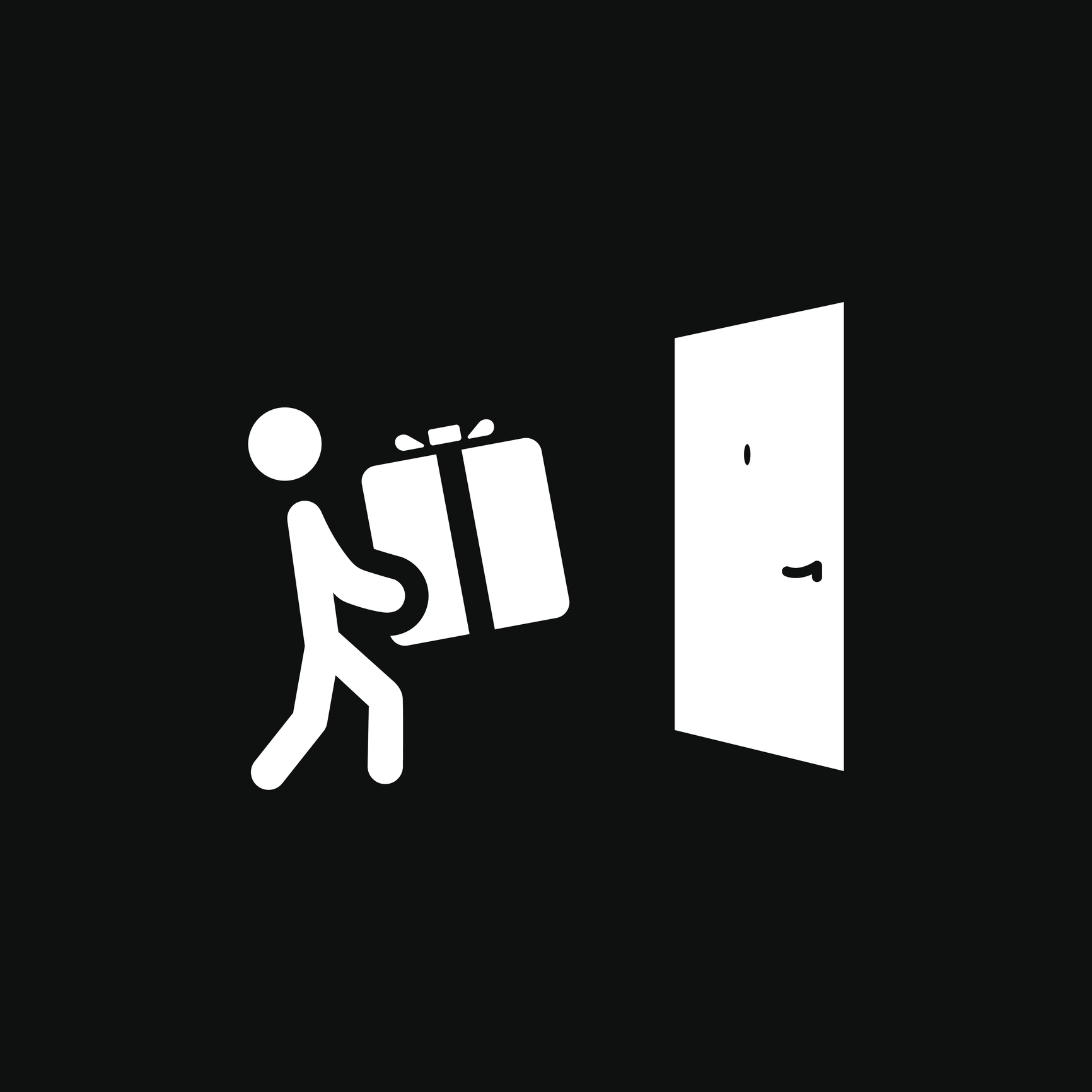 Door delivery icon -- white figure of a person carrying a white box to a white door on a black background.