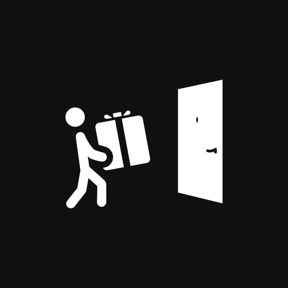 Door delivery icon -- white figure of a person carrying a white box to a white door on a black background.