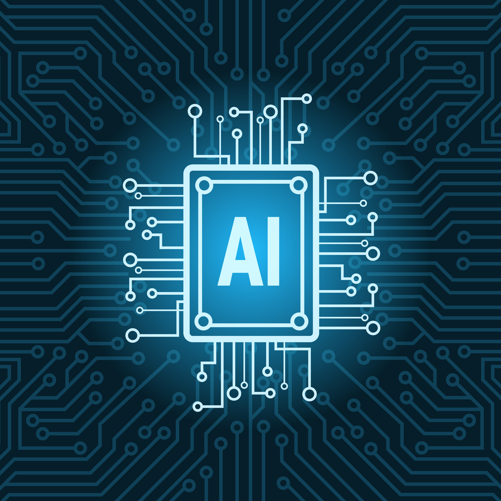 Chip with "AI" on it in a circuit board.