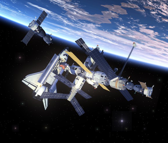 Space Shuttle docked with International Space Station