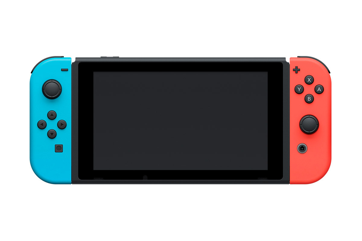 Nintendo Switch console with red and blue controllers.