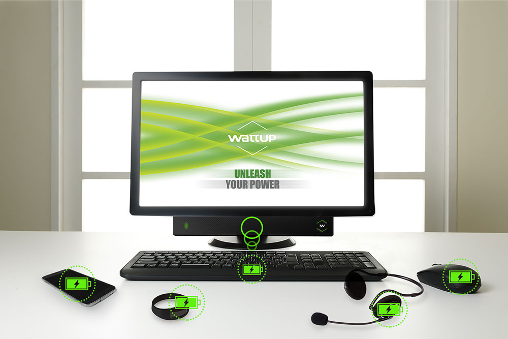 Illustration of Energous WattUp mid-field charging transmitter on multiple devices including a computer keyboard, smartphone, and mouse