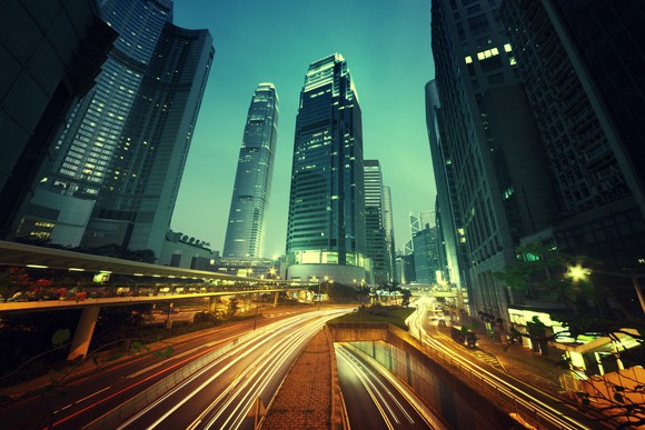 Traffic in Hong Kong at sunset time