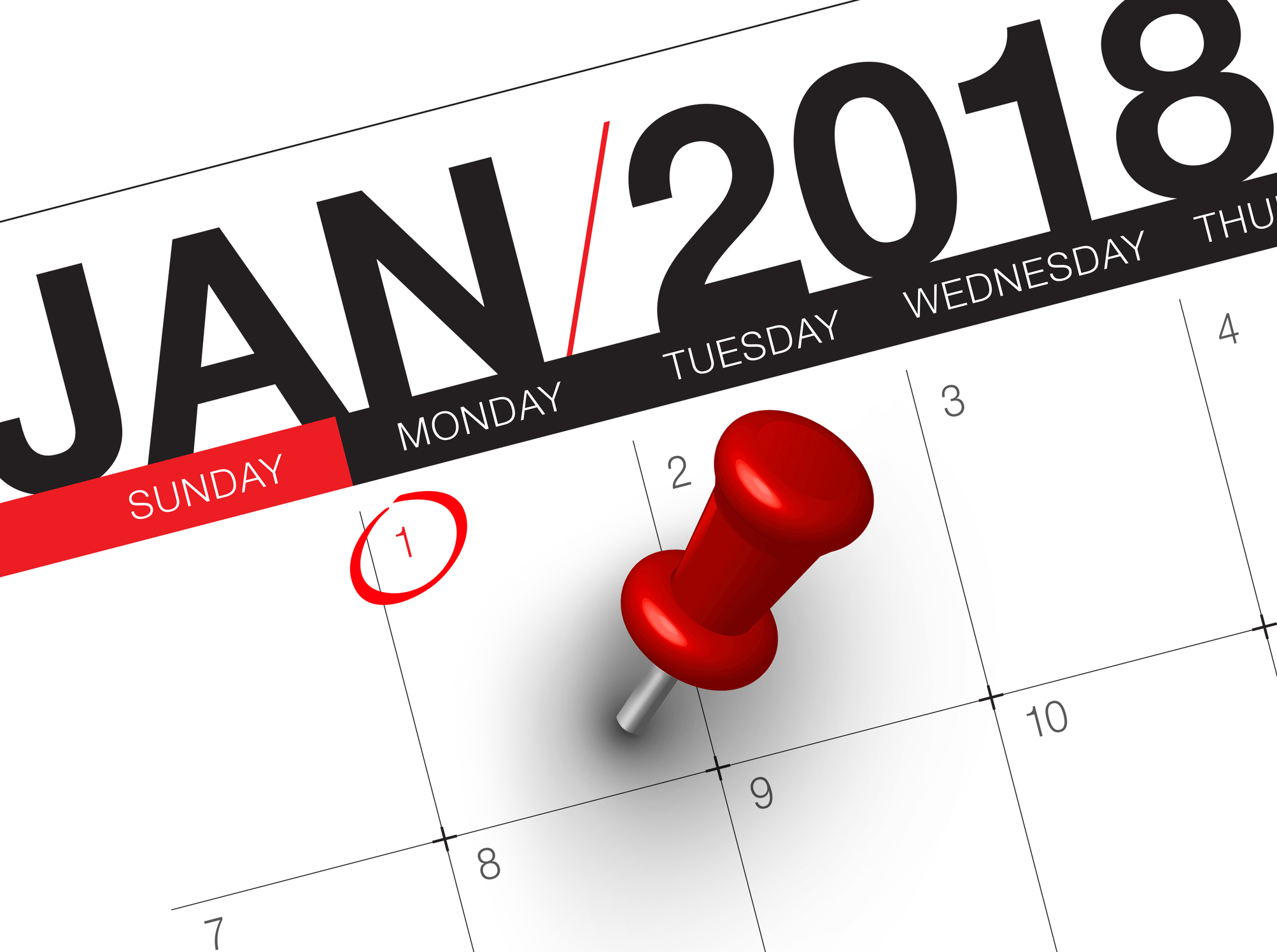 January 2018 calendar with pushpin on the first day of the month