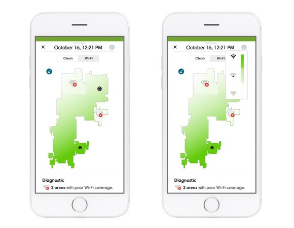 Two smartphones each displaying a Wi-Fi strength map within iRobot's HOME app