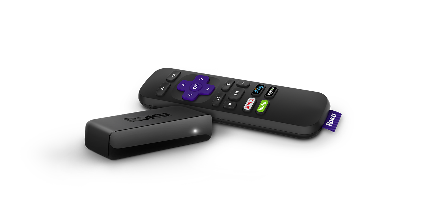 A Roku streaming player and remote.