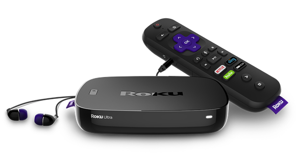 Roku box and remote and headphones