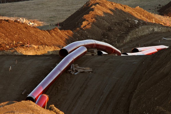 Pipes laid out for a natural gas pipeline.