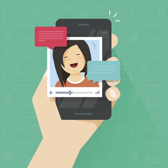 A drawing of a person holding a smartphone that has a video of a girl playing.