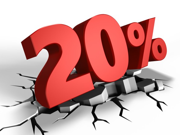 Big 3D illustration of 20 percent breaking through the ground it's on