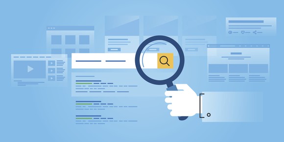 An illustration of a hand holding a magnifying glass looking at a search bar in a web browser.