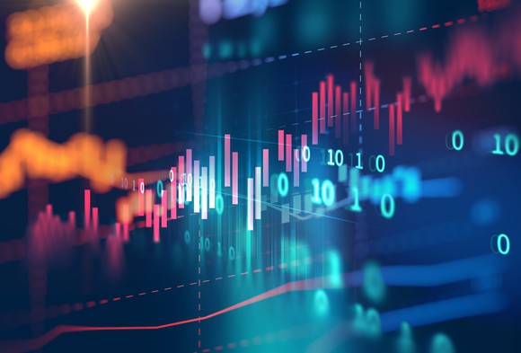 Stock chart superimposed on spreadsheet.
