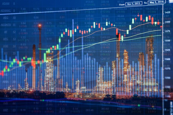 Stock index and chart superimposed over picture of oil refinery at night.