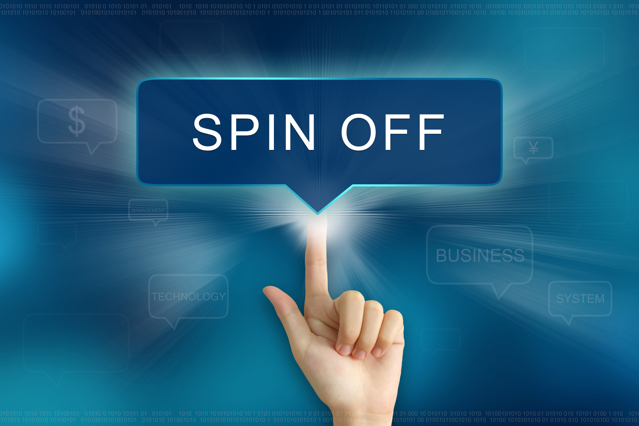 Finger tapping a sight that says Spin Off with light shining behind it.
