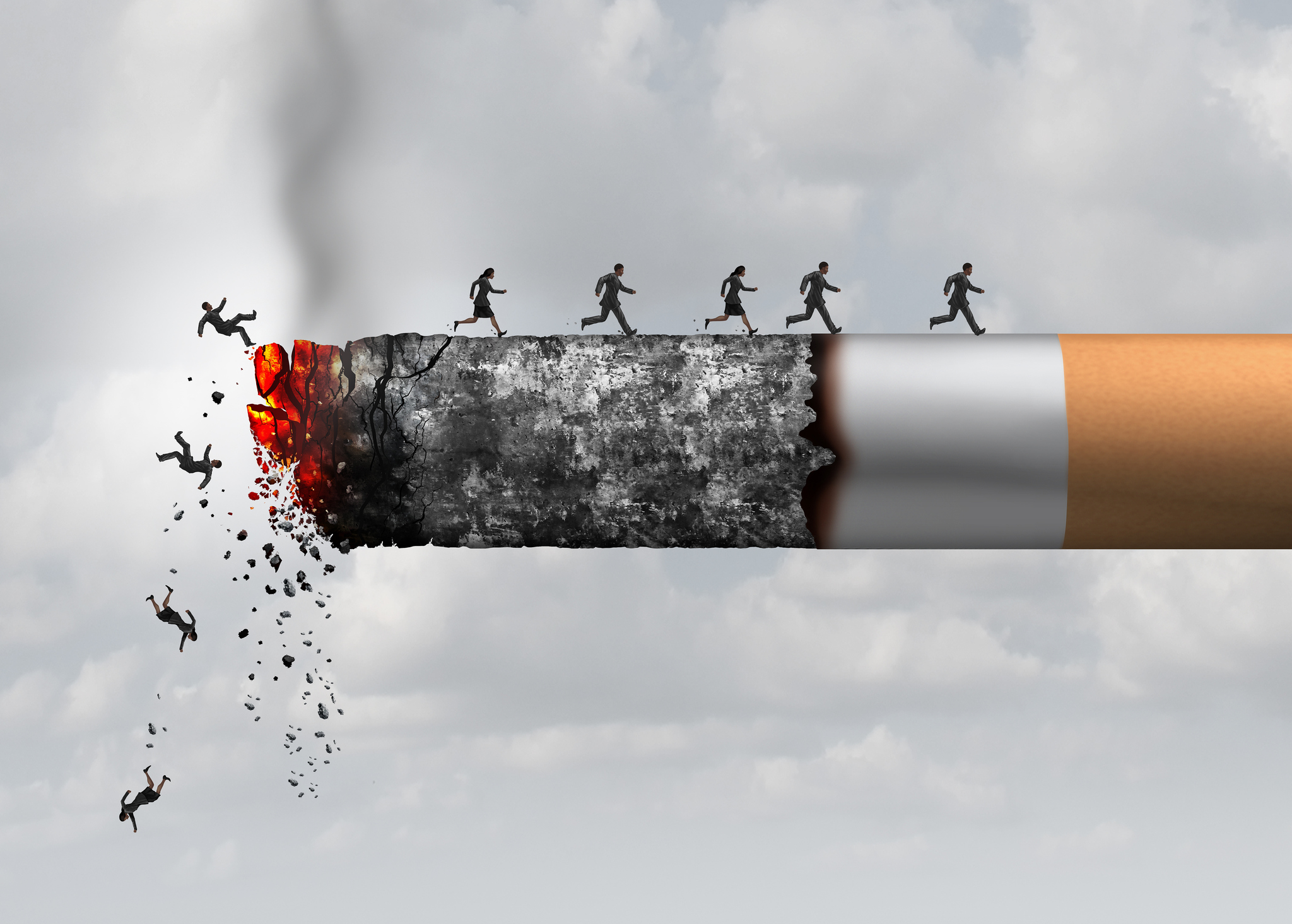 Miniature humans falling off of a burning cigarette
