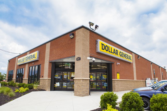Brick exterior of Dollar General store.