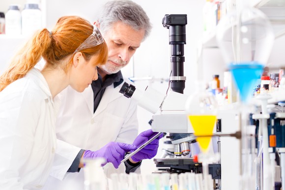 Male and female scientists in lab