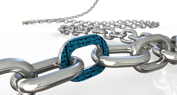 A silver chain swirling across a white field, with one link decked out in black-and-teal cryptographic keys.