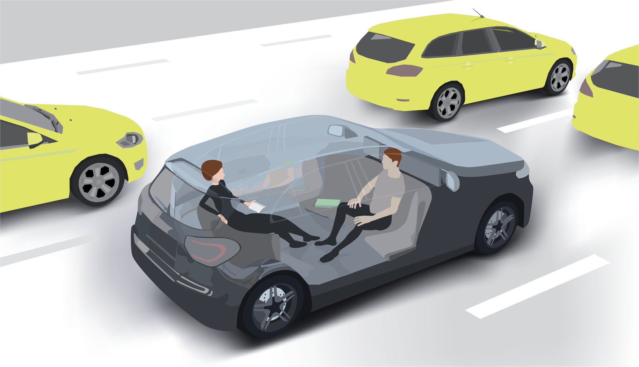 A driveless car cruises down a highway.