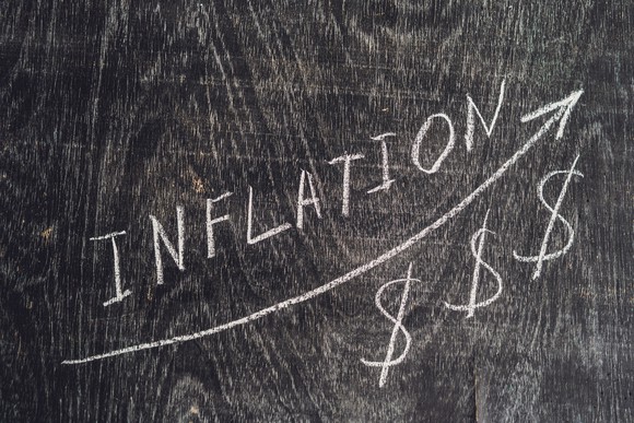 the word inflation on a blackboard, with an arrow going up and dollar signs below the arrow