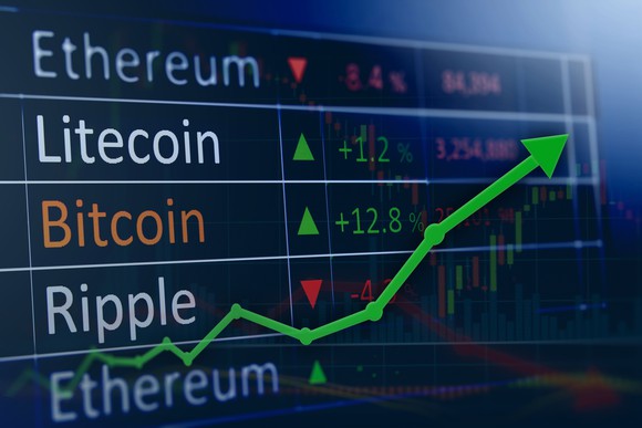 A chart with the names of several cryptocurrencies in the background with a graph moving up.