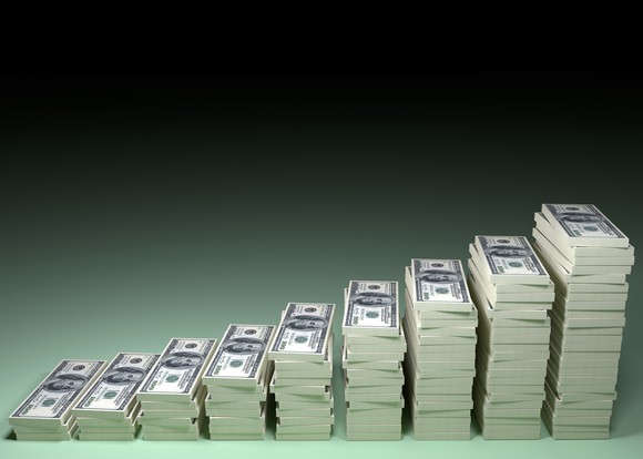 Increasingly taller stacks of currency, resembling an upward-moving stock chart.
