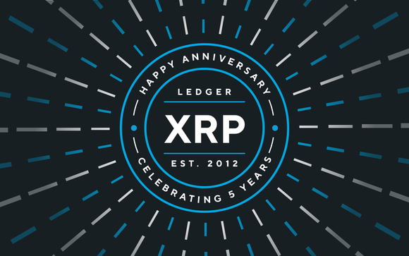 Concentric circles with lines emanating outward, with the circles containing a five-year Happy Anniversary message about the XRP ripple cryptocurrency.