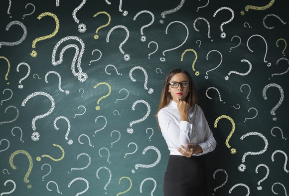 A businesswoman in a thinking pose standing in front of a chalkboard with question marks drawn on it.